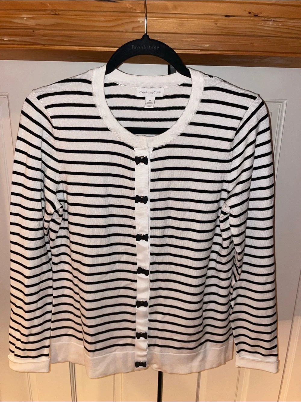 Charter Club Black and White Striped Button-Front Cardigan - Picture 3 of 6